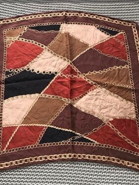Oscar de la Renta scarf Brown, Red, Pink & Black Geometric Chain Silk Scarf